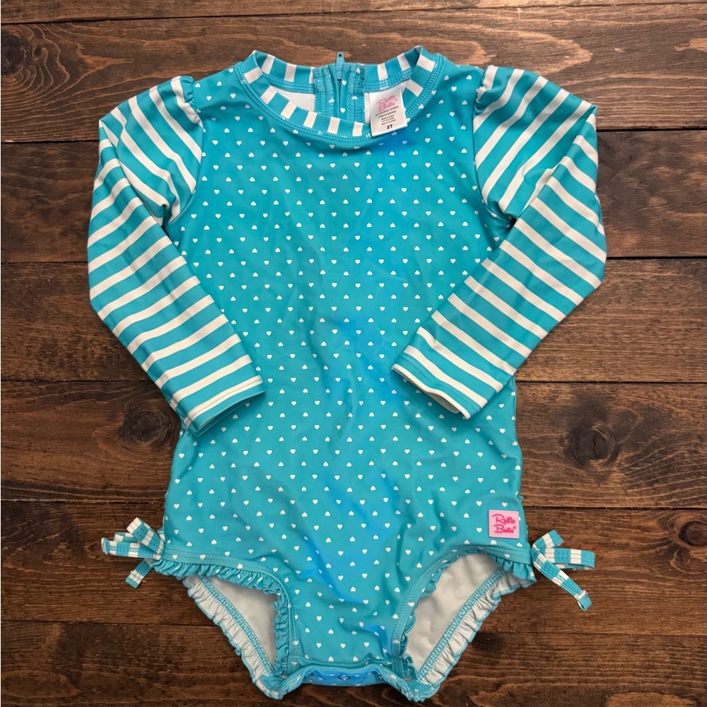 Rufflebutts Teal Polka Dot and Striped Long Sleeve Toddler Swimsuit